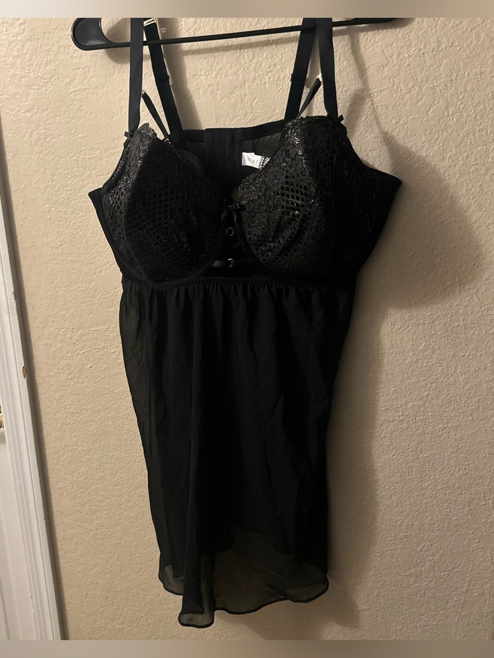 CACIQUE Black Lace &  Sheer Babydoll Lingerie Underwired Size 44DDD & Thong Set